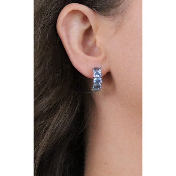 14k Yellow Gold Natural Swiss Blue Topaz Earrings Hoop Earrings 3/4" x 1/4" - Picture 5 of 8